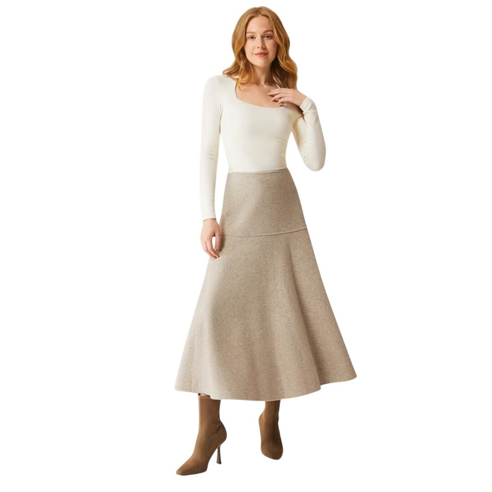 OGL Women's Oatmeal FuzzLuxe Cashmere-Like Flared Maxi Skirt Size Small